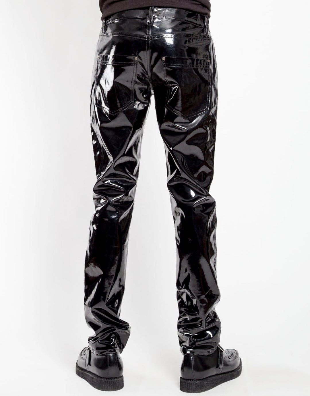 The The Classic Vinyl Pant on a model, rear view.