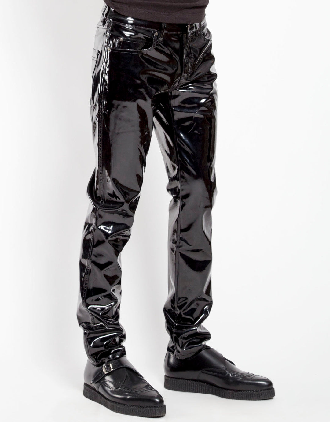 The The Classic Vinyl Pant on a model, front view.