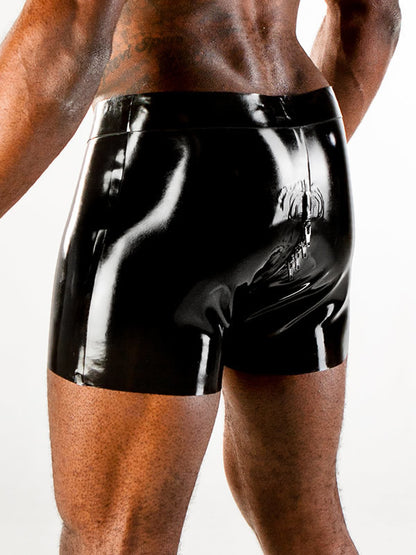 The back of the Black Latex Shorts with 5 Zip Slider on model.