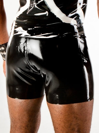 The back of the Black Latex Shorts with 5 Zip Slider on model.