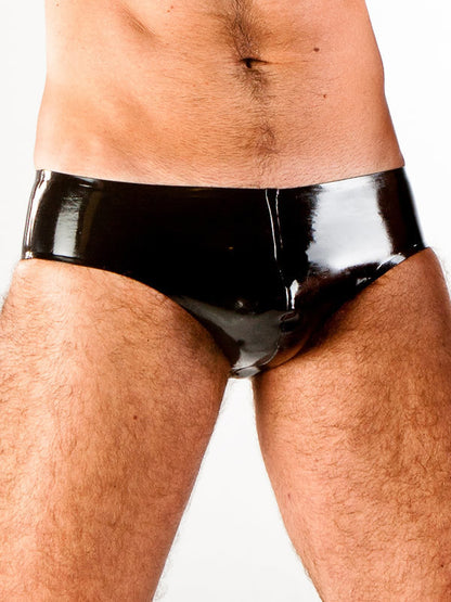 The black Latex Brief on a model.