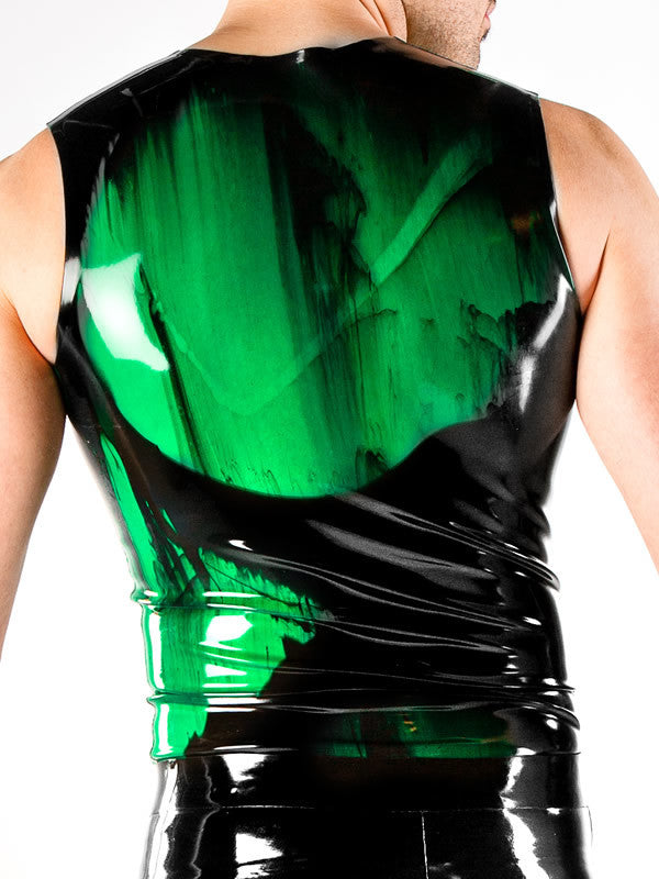 Marbled Latex Sleeveless Zip Shirt in green marbled on model, rear view.