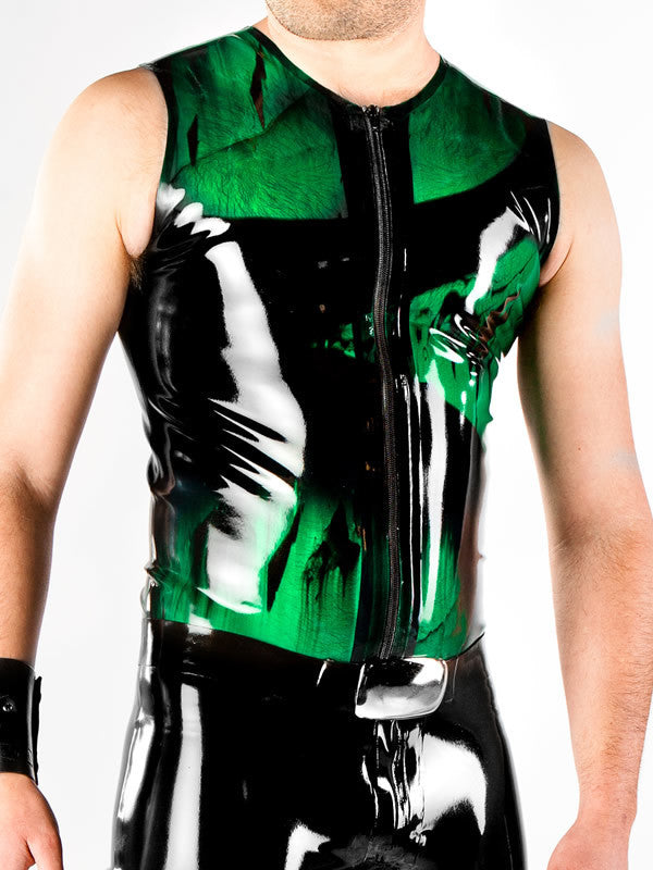 Marbled Latex Sleeveless Zip Shirt in green marbled on model, front view.