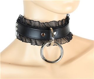 Leather Collar with Silver Ring and Ruffle.