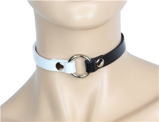 A leather choker with a 1/2" diameter ring displayed on a mannequin neck. one half of the collar is white, and the other half black.