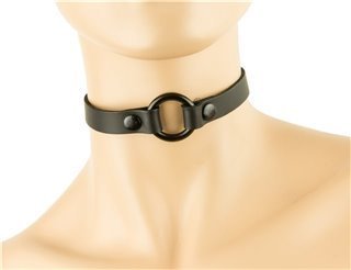 A black leather choker with a 1/2" diameter black ring displayed on a mannequin neck. 