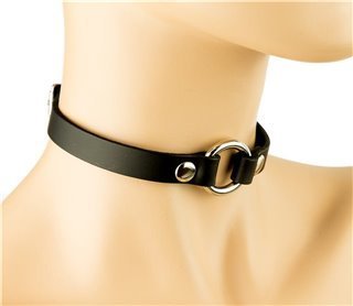 A black leather choker with a 1/2" diameter silver ring displayed on a mannequin neck. 