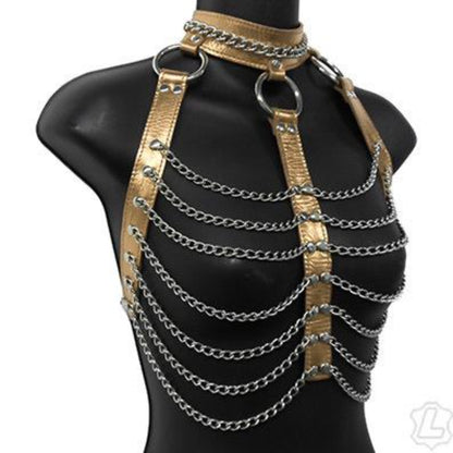 The front/side of the gold metallic leather and chain three column halter harness on a mannequin.