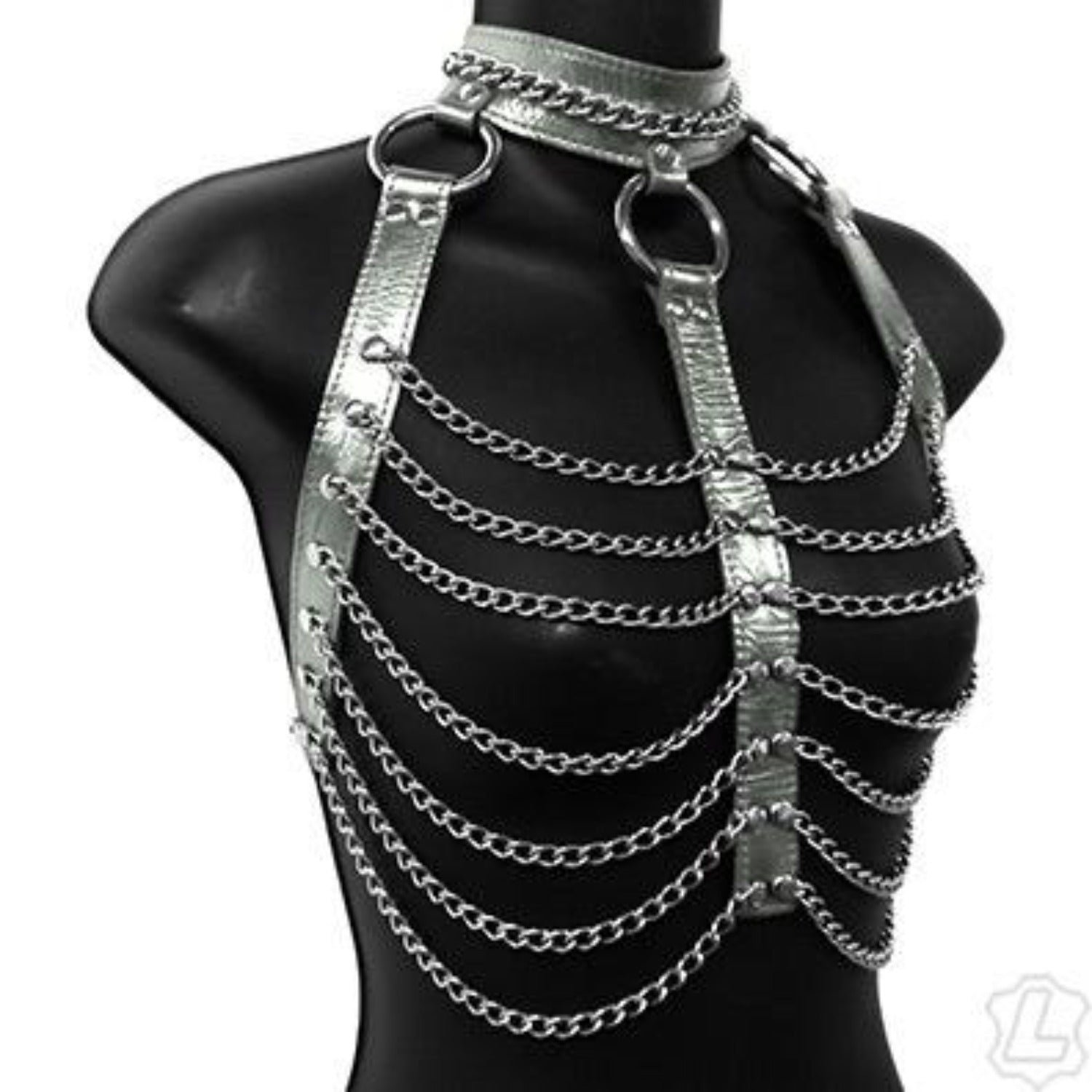 The silver metallic leather and chain three column halter harness on a mannequin.