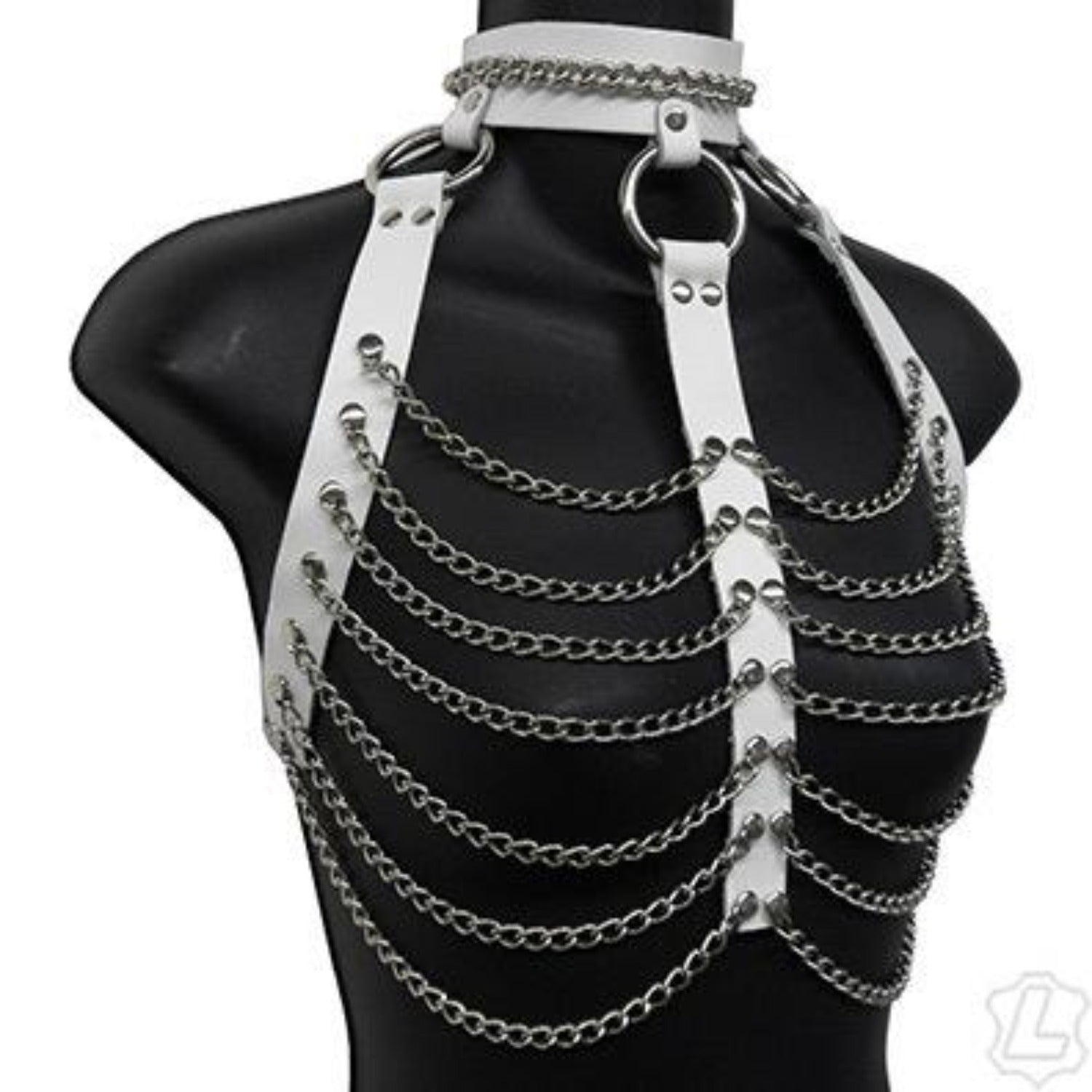 The white leather and chain three column halter harness on a mannequin.