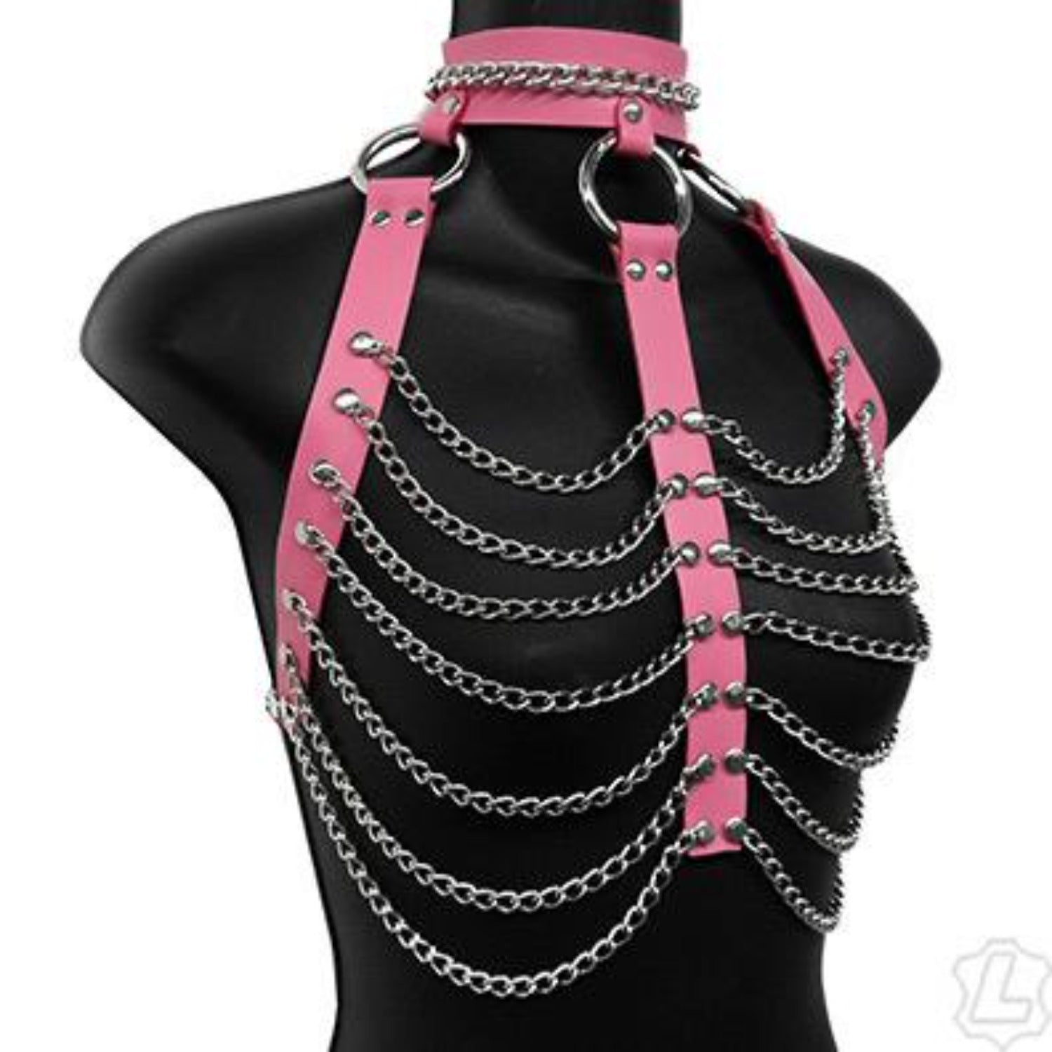 The pink leather and chain three column halter harness on a mannequin.