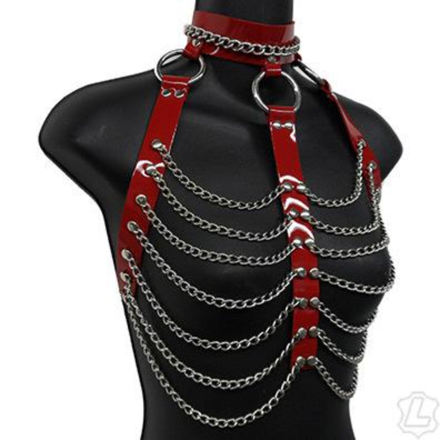 The red patent leather and chain three column halter harness on a mannequin.