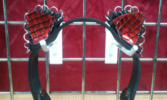 Red and black Stitched Leather Kitty Ears with metal o-rings and leather netting.