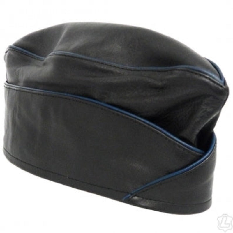 The black Leather Garrison Cap with blue Piping.