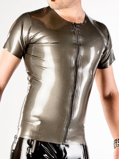 A model wearing the Latex Zip Front T-Shirt with black latex pants, front view.