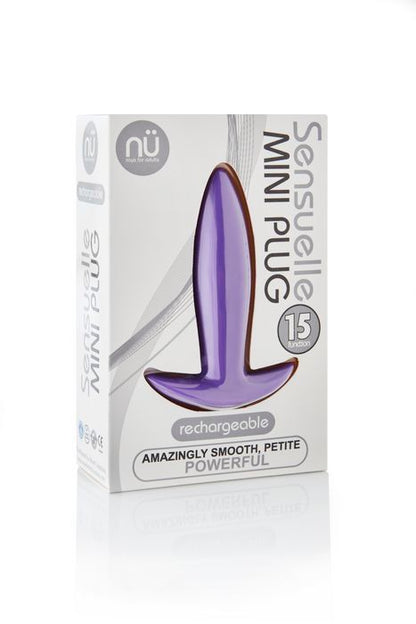 Purple sensuellle mini butt plug vibrator in packaging.