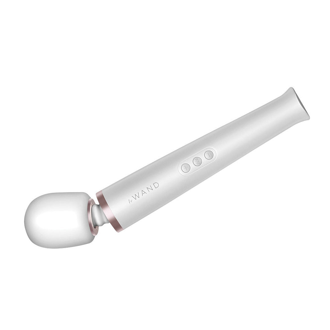 The white Le Wand Rechargeable Vibrator, demonstration of bendable neck.