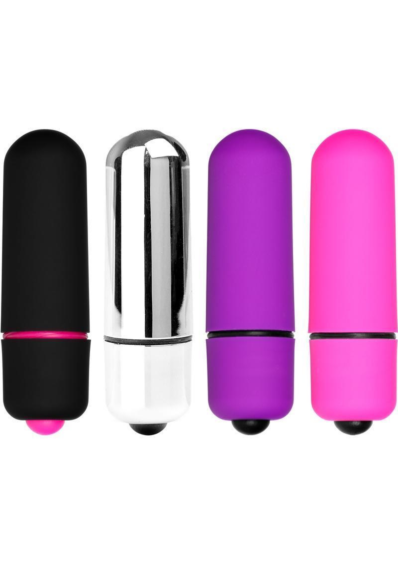 4 Minx Mini Bullet Vibrators in black, silver, purple and pink.