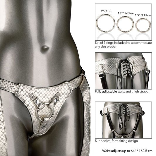 The Regal Gold Royal Queen Strap-On Harness with front, rear and included O ring sizes shown .