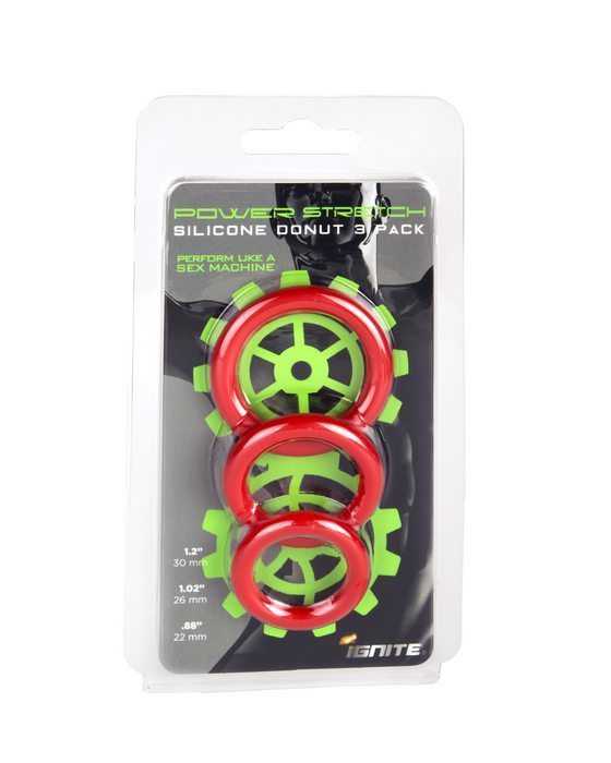 The red Power Stretch Silicone Ring 3 Pack in its packaging.