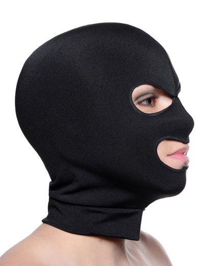 A model wearing the Spandex Hood with eye and wide mouth holes, side view.