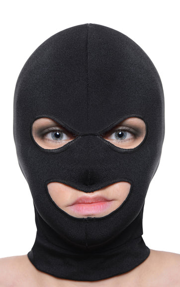 A model wearing the Spandex Hood with eye and wide mouth holes, front view.