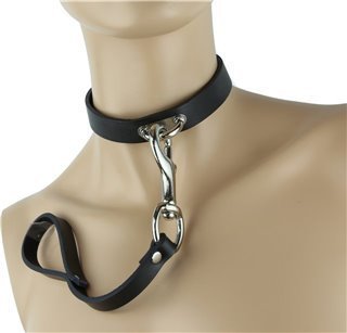 The Leather Ring Post Collar with Short Leash on a mannequin.