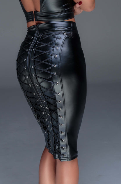 Rear close up of Wetlook Pencil Skirt with Lace Up Back.