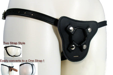 Leather pleasure harness , with diagram highlighting features: two strap style, easily converts to one strap