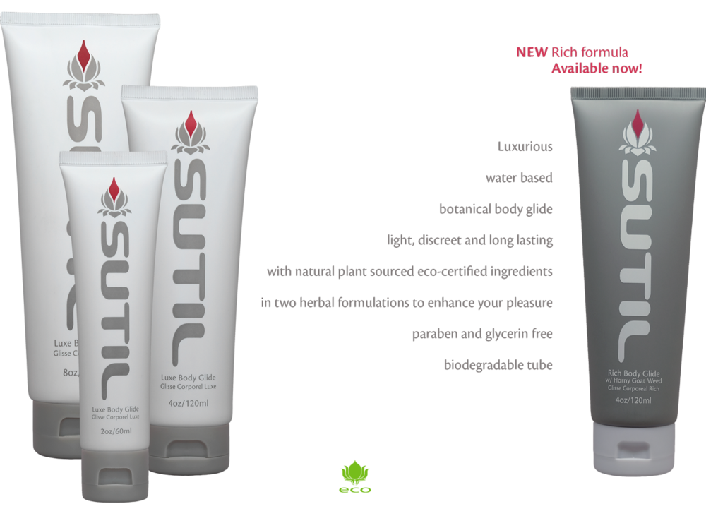 Four sizes of Sutil Luxe Body Glide with the captions: New rich formula now!  Luxurious, water based, botanical body glide, light, discreet and long lasting with lotus root and oat beta glucan, natural plant sourced eco-certified ingredients, paraben and glycerine free, biodegradable tube, eco.