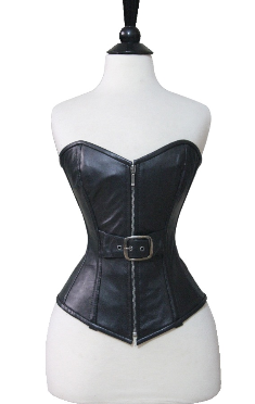 Black leather Zip Corsette with Belt, front view.