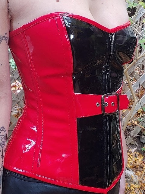 Red Patent with Black Center Panels Zip Corsette with Belt, front and right side view.