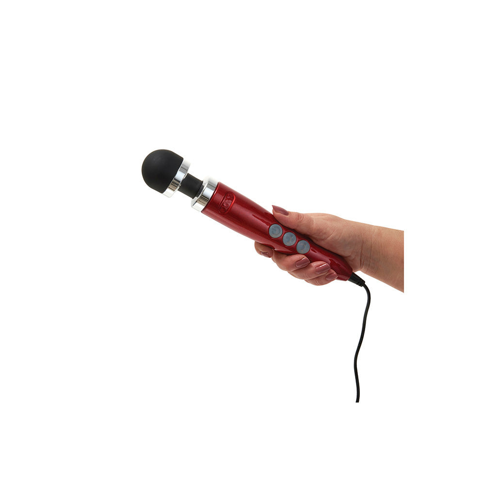 A hand holding the red Doxy Number 3 CORDED Die Cast Wand Vibrator.