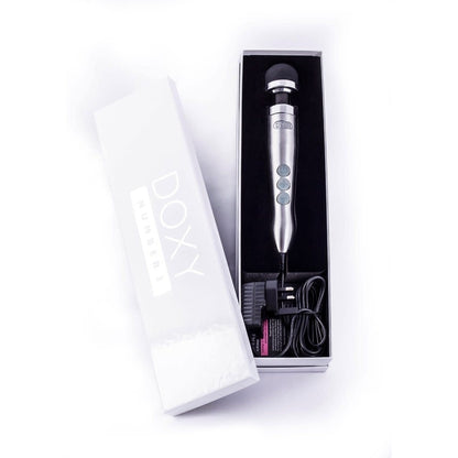 The silver Doxy Number 3 CORDED Die Cast Wand Vibrator and its packaging.