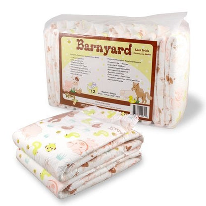 Two folded Rearz Barnyard Disposables Diapers in front of a closed diaper package.