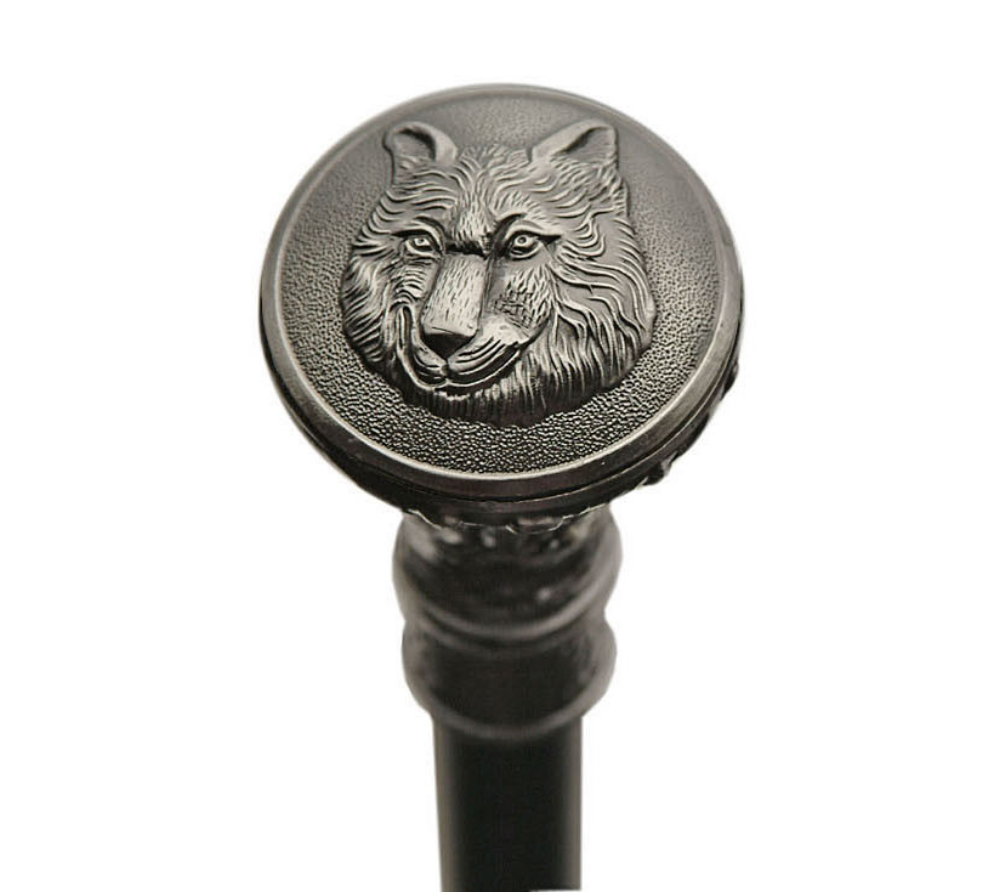 close up of wolf handle of cane sword