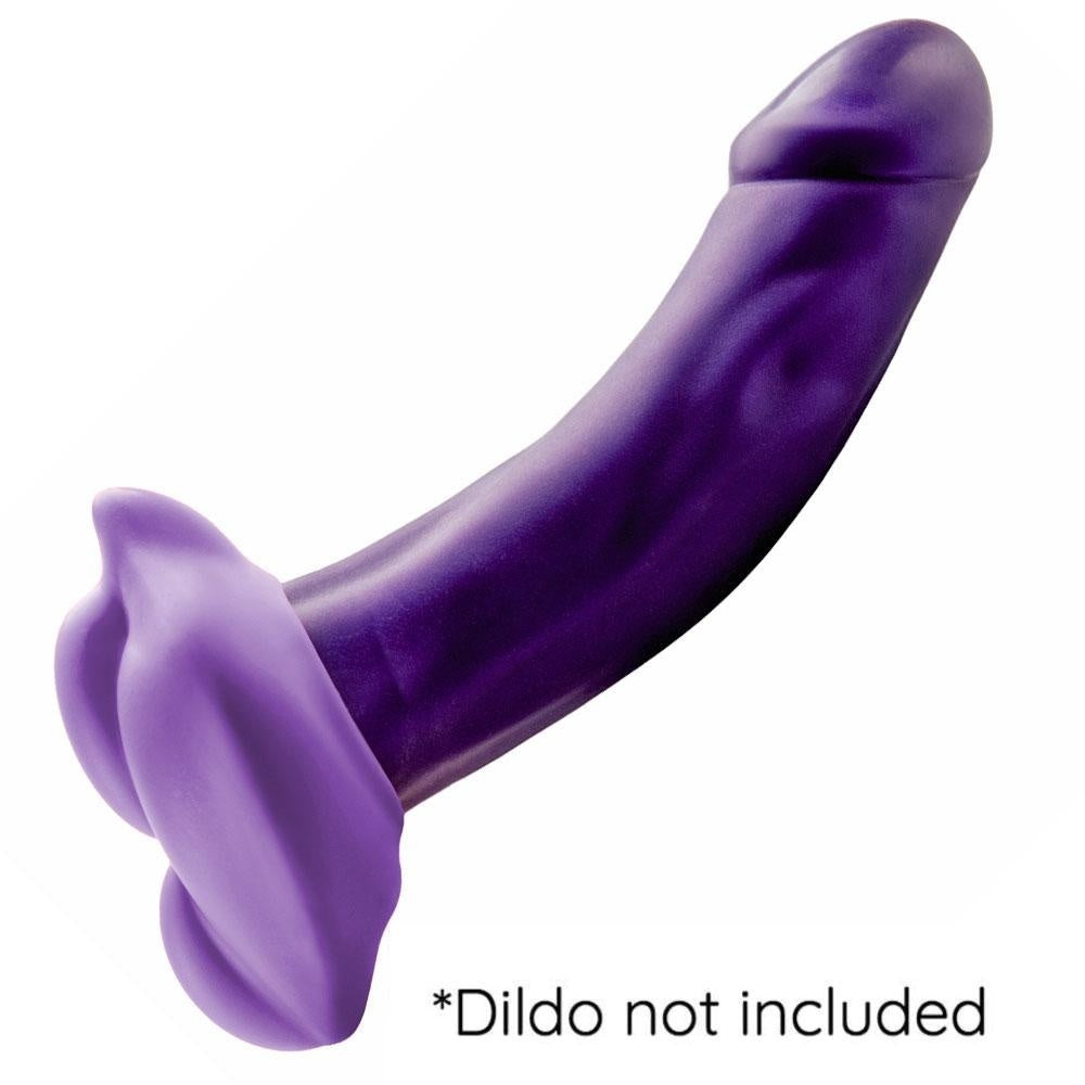 The side view of the purple BumpHer Silicone Dildo Attachment with purple dildo.