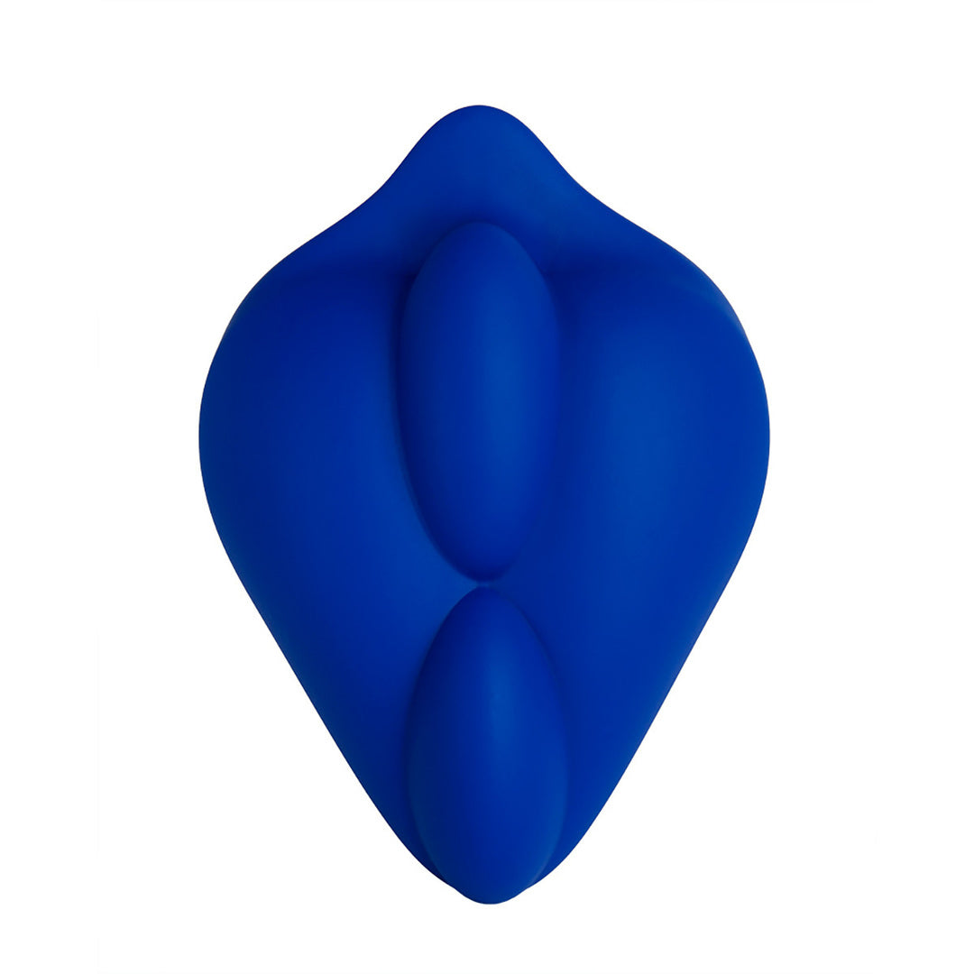 The front of the blue BumpHer Silicone Dildo Attachment.