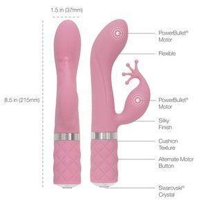 A diagram showing the dimensions and features of the pink The side view of the pink Pillow Talk Kinky Dual Action Vibrator.