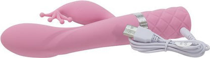 The pink The side view of the pink Pillow Talk Kinky Dual Action Vibrator with its charging cord plugged in.