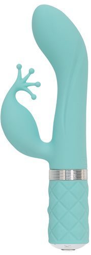 The side view of the teal Pillow Talk Kinky Dual Action Vibrator.