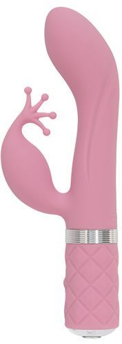 The side view of the pink Pillow Talk Kinky Dual Action Vibrator.