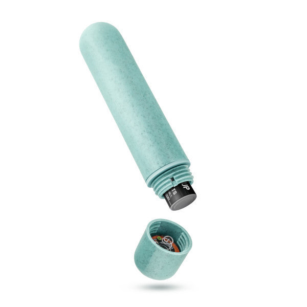 The aqua gaia eco bullet vibrator bottom unscrewed showing battery compartment and battery.