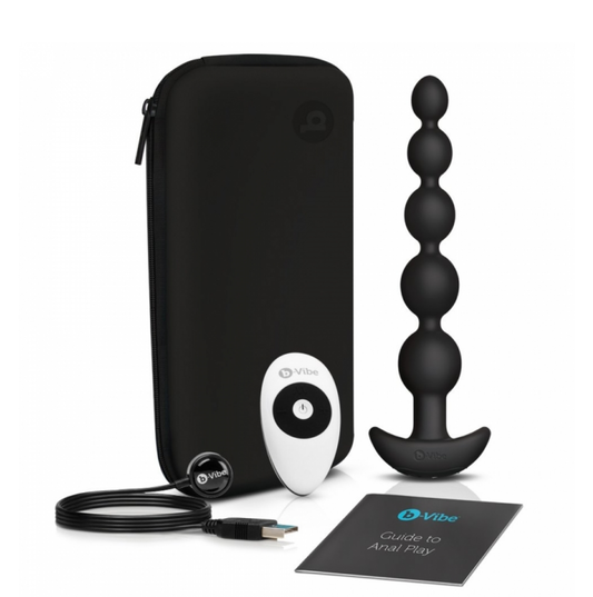 B-Vibe Cinco Vibrating Anal Beads with case, charger, remote, and Guide to Anal Play