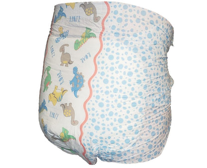 The fun dinosaur and polka dotted pattern of the Rearz Disposables Dinosaur Elite Diapers.