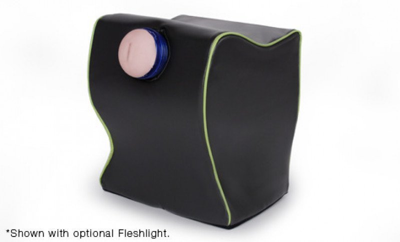 A front and left side view of the Fleshlight Top Dog Mount with a fleshlight inside it.