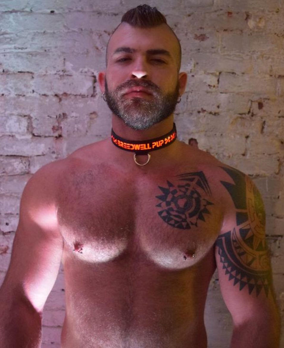 A model wearing the Breedwell Pup Collar with orange LED color.