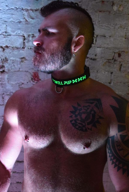 A model wearing the Breedwell Pup Collar with green LED color.