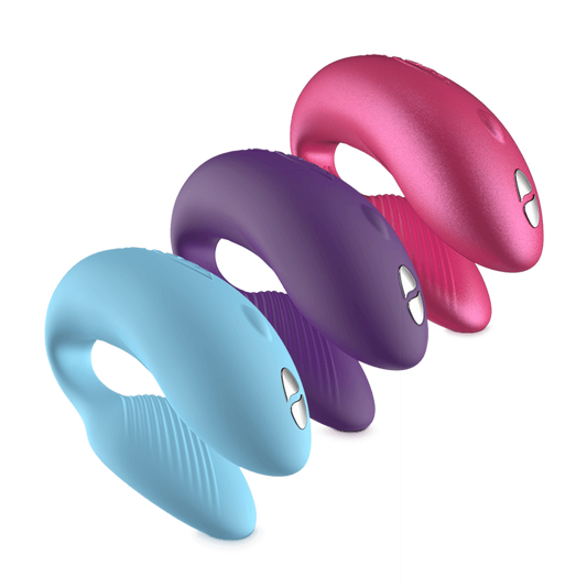 Three We-Vibe Chorus Remote Vibrators in blue, purple and pink.