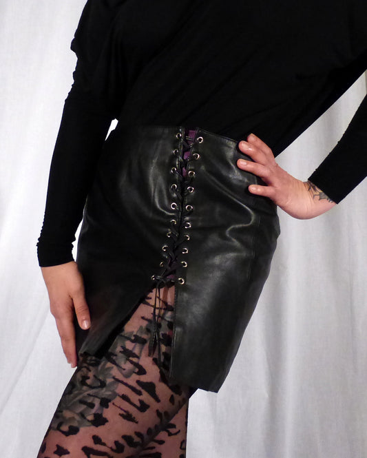 Model showing the front of the Leather Side Lace Skirt.
